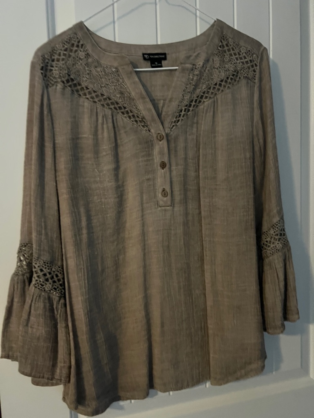 new directions Taupe Crochet-Yoke Henley Tunic